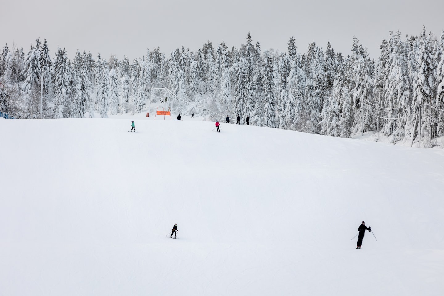 Skiers crossing a snowy hill during the winter season